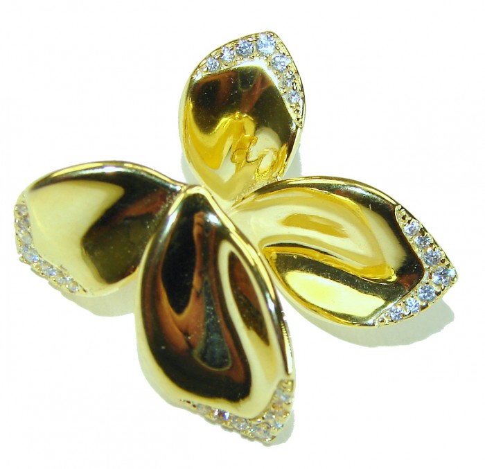Lotus flower White Topaz highly polished 18K Gold over .925 Sterling Silver Italy made Earrings - Gold lotus flower with white topaz, top view, highly polished finish