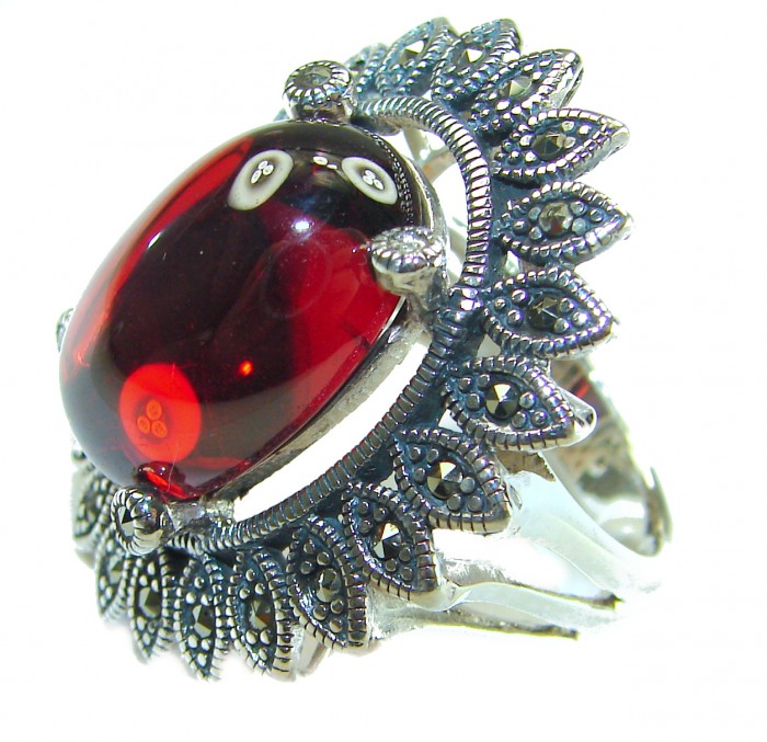 Bella Rosa Genuine 28.8 CARAT Ruby .925 Sterling Silver Large Statement Ring size 8 - Ruby ring close-up with intricate silver detailing