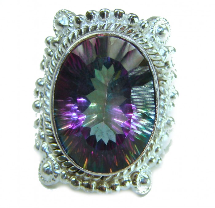 Big Dreamer 12.8 carat Mystic Topaz .925 Sterling Silver handcrafted Large ring size 6 - Mystic Topaz ring close-up, ornate .925 Sterling Silver setting.