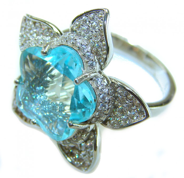 Divine Beauty 12.5 carat Aquamarine .925 Sterling Silver Handcrafted ring size 7 - Aquamarine ring close-up with diamond accents on sterling silver band
