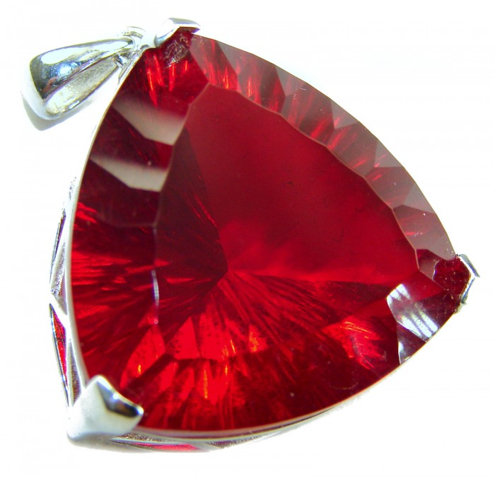 Very Rare! Trillion Cut Perfect 44.5 carat Volcanic Helenite .925 Sterling Silver handcrafted Pendant - Close-up of trillion cut 44.5 carat red gemstone.