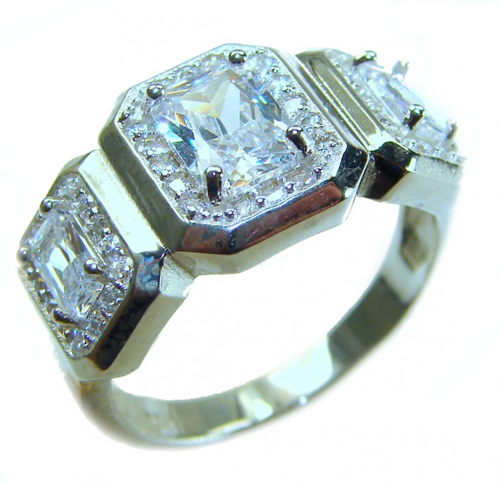 LUXURIUS 6.5 carat White Topaz .925 Sterling Silver ring size 7 - White Topaz ring in .925 Sterling Silver, angled view showing three stones.