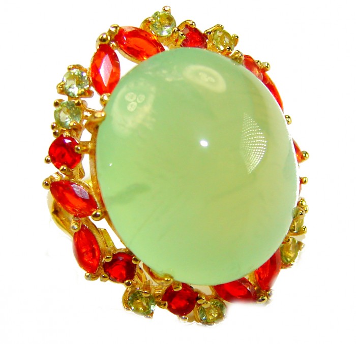 Vintage Style Best quality 27.8 carat Prehnite 18K Gold over .925 Sterling Silver handcrafted Ring Size 6 - Top view of Prehnite ring in 18K gold with red and green gemstones.