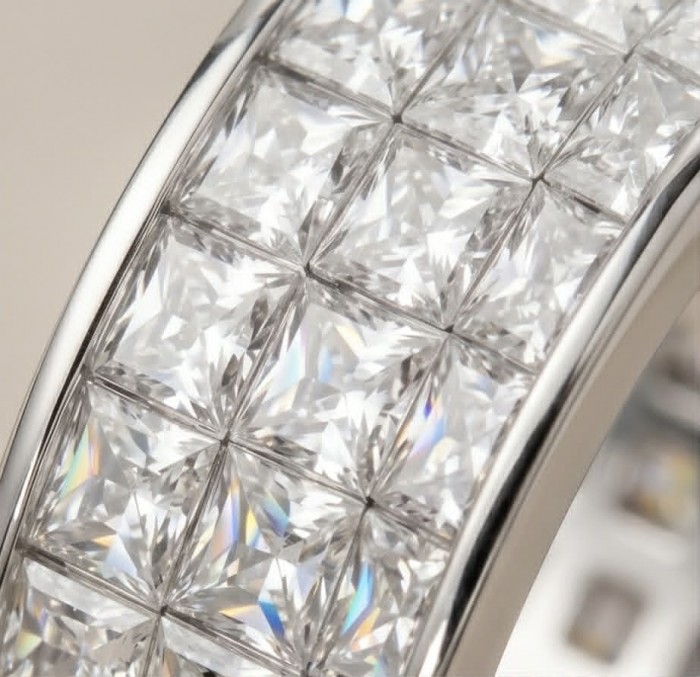 Luxurious pave 8.5 carat White Topaz .925 Sterling Silver Solid Infinity ring size 8 - Close-up of luxurious pave white topaz in sterling silver band.