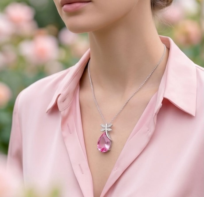 Lucrezia - authentic 14.5 carat Pink Topaz .925 Sterling Silver handcrafted Statement pendant - Worn on neck: Lucrezia 14.5 carat Pink Topaz pendant in .925 Sterling Silver.