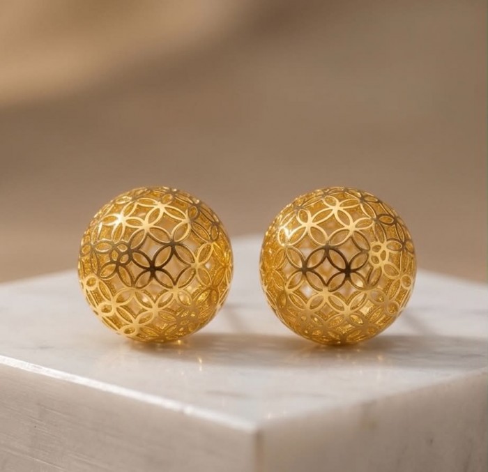 Black Label Collection - Dubai Style - Natural 22K Gold over .925 Sterling Silver handmade earrings - Dubai Style gold earrings, front view with intricate filigree design.