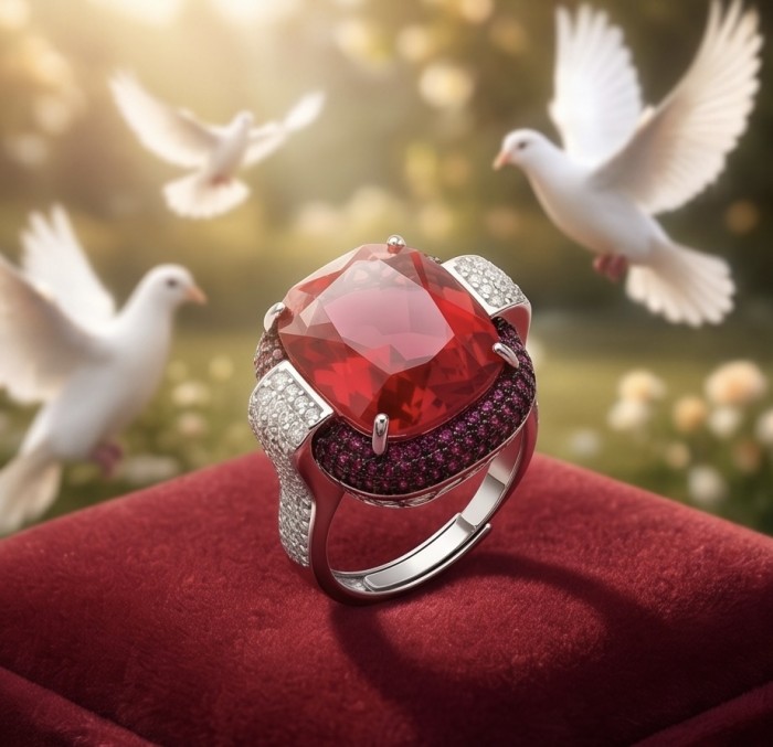 Art Deco 18.6 ctw Red Topaz black enamel .925 Sterling Silver handcrafted Statement Ring size 7 adjustable - Red topaz ring on velvet, front view with doves in background.