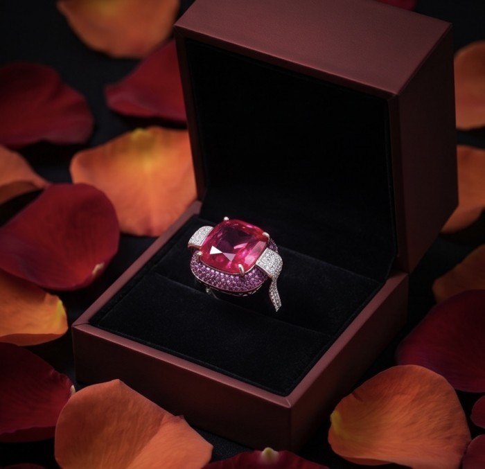 Art Deco 18.6 ctw Red Topaz 3.2 carat pave Ruby .925 Sterling Silver handcrafted Statement Ring size 8 adjustable - Red topaz ring in open box with rose petals, top view.