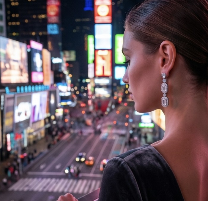 Mademoiselle 8.9 carat Moissanite .925 Sterling Silver Statement earrings - Side view: Mademoiselle 8.9 carat earrings in cityscape background.