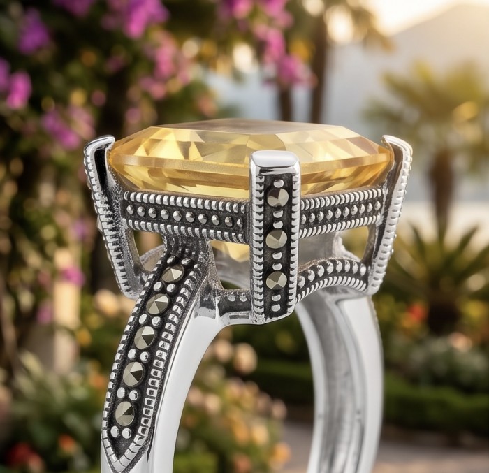 Golden Treasure 12.5 carat Brazilian Citrine Marcasite .925 Sterling Silver Handcrafted Ring size 7 - Stone close-up of Golden Treasure citrine ring with marcasite accents.