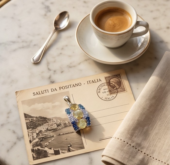 Valentina - Vintage Design Genuine 8.5 carat Citrine .925 Sterling Silver dipped in rhodium handmade Pendant - Pendant on postcard with espresso cup, top view on marble table.
