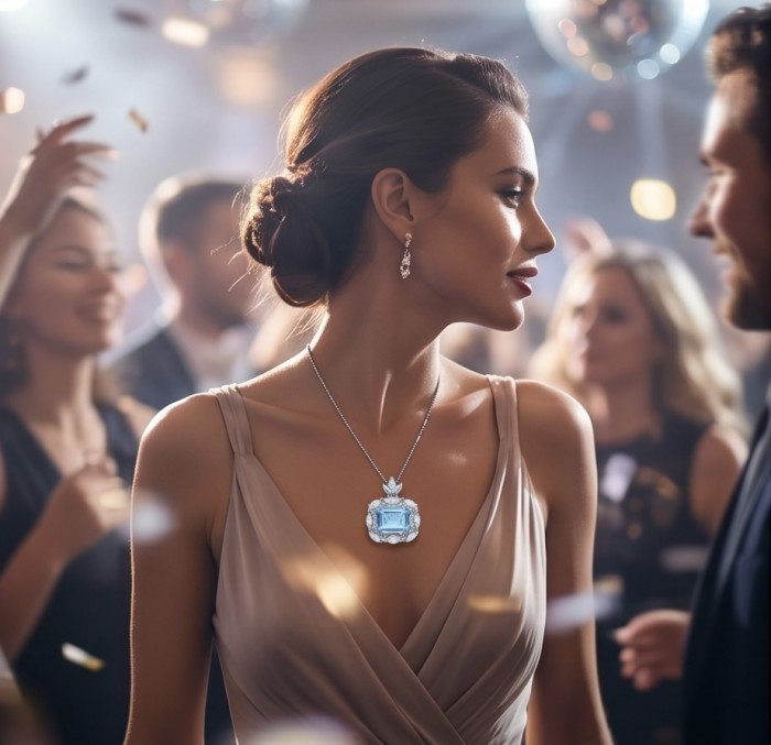Vintage style boquette cut 12.8 carat Swiss Blue Topaz .925 Sterling Silver DIPPED IN RHODIUM handmade Pendant - Side view of woman wearing vintage-style Swiss Blue Topaz necklace
