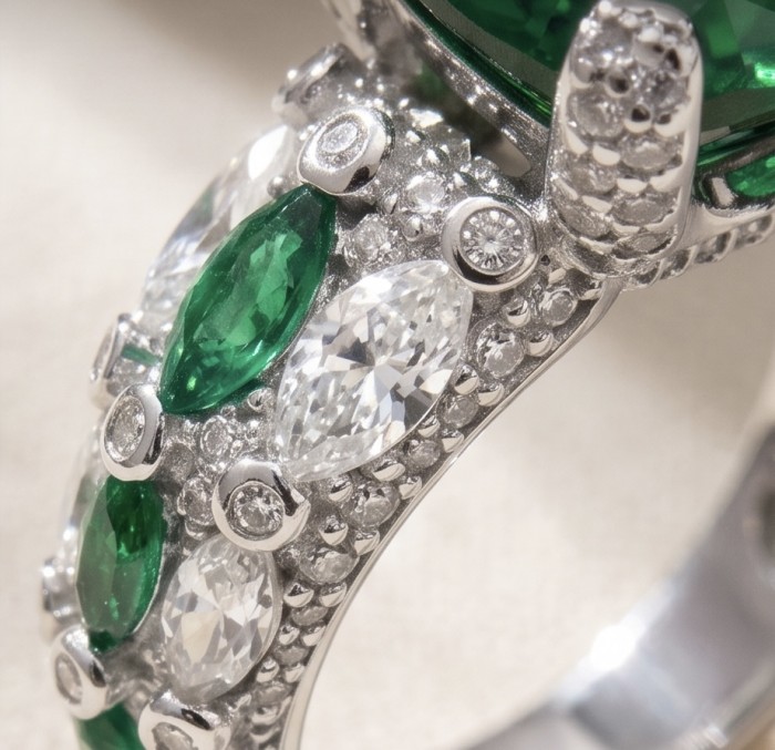 Top quality - Real Treasure assher cut 17.2 carat Chrome Diopside .925 Sterling Silver Ring size 7 - Close-up of silver ring with green and white marquise-cut stones