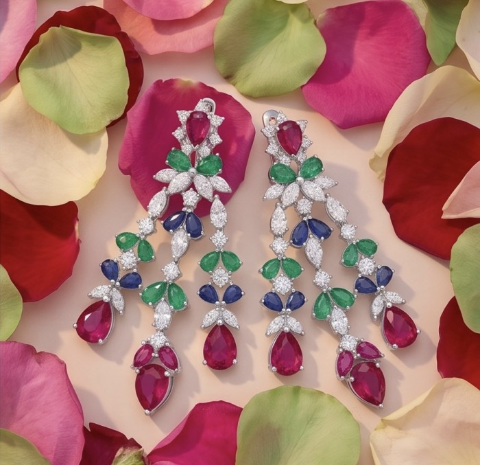 RARE BEAUTY! Valentina 18.2 carat Ruby Emerald Sapphire .925 Sterling Silver dipped in rhodium Statement handcrafted earrings - Colorful gemstone earrings on rose petals, top view.