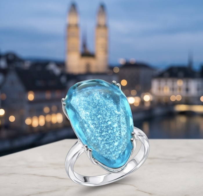 Angelina 14.9 carat authentic Aquamarine .925 Sterling Silver Handcrafted Ring size 8 - Close-up of Angelina aquamarine ring on a marble surface, city backdrop.