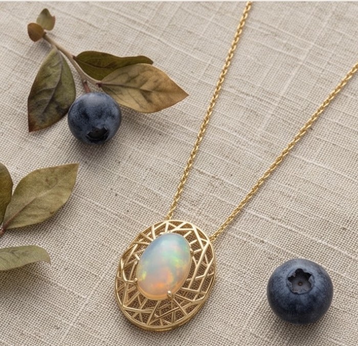 Earth Treasure Authentic 12.8 carat Golden Ethiopian Opal 22K Gold over .925 Sterling Silver handcrafted Statament Necklace - Golden Ethiopian opal necklace with blueberries, top view.
