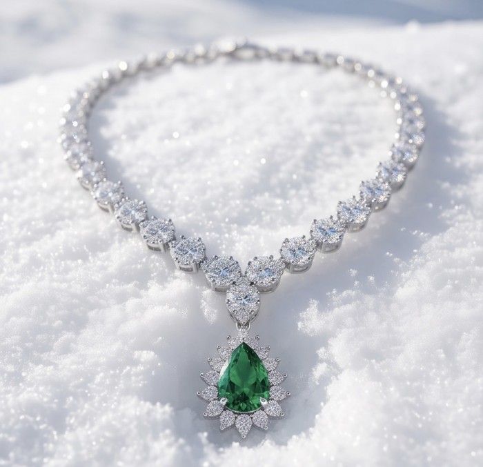 Estelle - Authentic 7.9 carat COLOMBIAN EMERALD rhodium over .925 Sterling Silver handcrafted necklace - Necklace with emerald pendant on snow, front view.