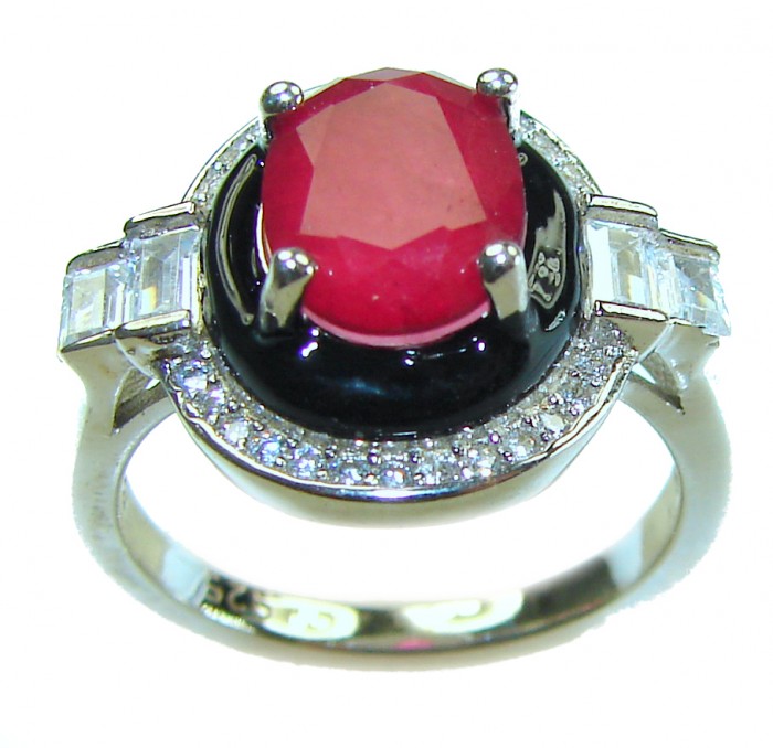 Art Deco 5.2 carat Ruby black enamel .925 Sterling Silver handmade Ring size 6 1/4 - photo 2
