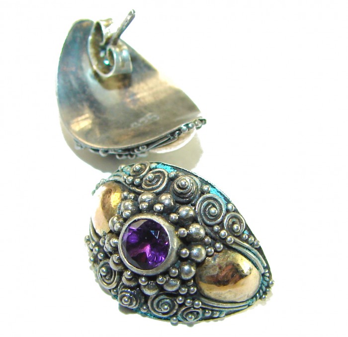 Authentic 4.5 carat Amethyst 2 tones .925 Sterling Silver handcrafted earrings - Close-up of two-tone amethyst sterling silver earrings, stone detail.