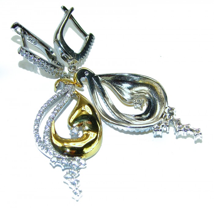 Elegance 4.2 carat White Topaz 14K Gold over .925 Sterling Silver handcrafted Earrings - Earrings with white topaz, gold and silver, showing clasp detail.