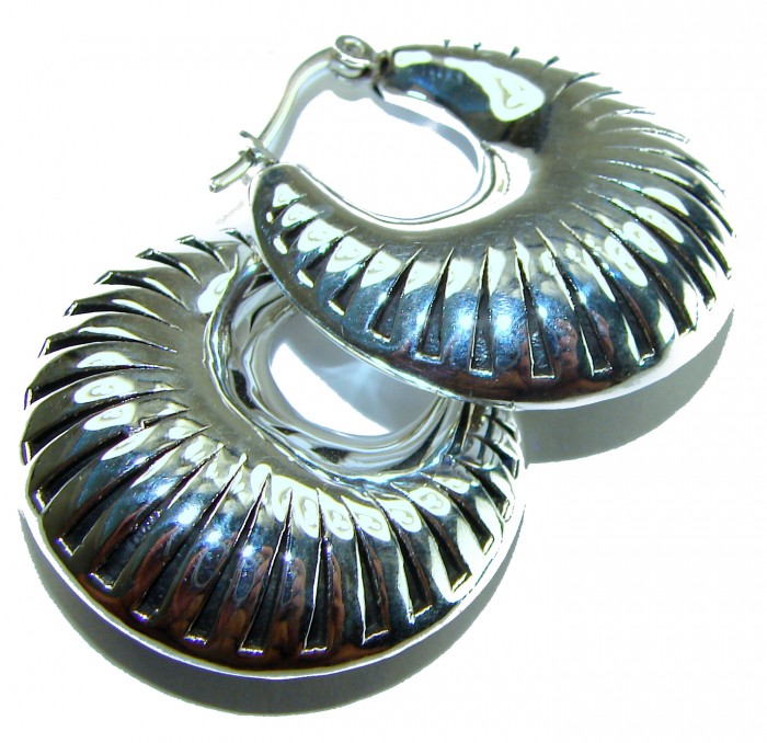 Highly Polished Fancy Modern design .925 Sterling Silver Italy made Earrings - Highly polished .925 sterling silver hoop earrings, top view
