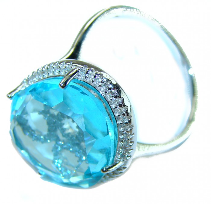 Eau Pure 11.5 carat Swiss Blue Topaz .925 Sterling Silver handmade Statement Ring size 9 - Close-up of a Swiss Blue Topaz ring in .925 Sterling Silver.