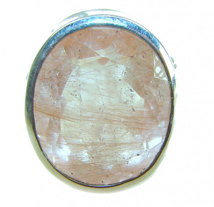 Vintage Design 15.2 carat Golden Rutilated Quartz .925 Sterling Silver handcrafted Ring Size 7 1/4 - Close-up of vintage golden rutilated quartz ring in silver setting