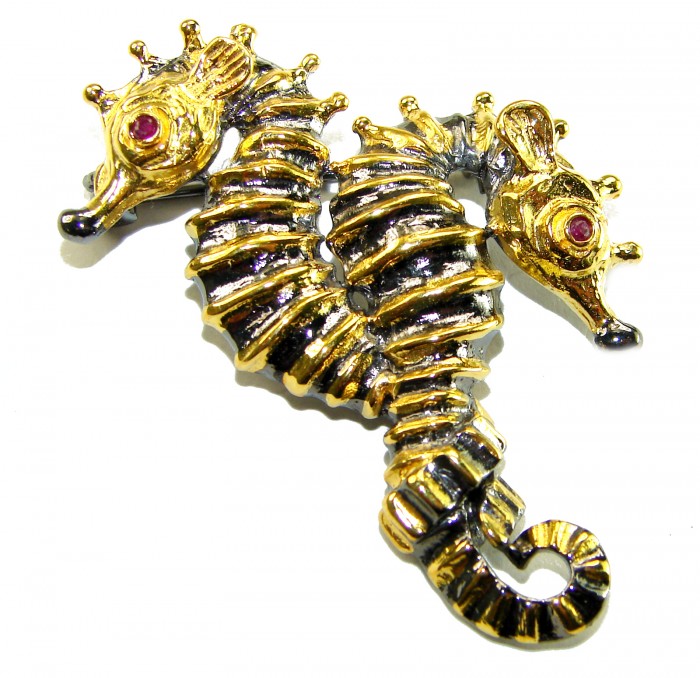 Two Seahorses Excellent 0.5 carat Ruby 14K Gold over .925 Sterling Silver handcrafted Pendant Brooch - Gold and silver seahorse pendant with ruby eyes, top view