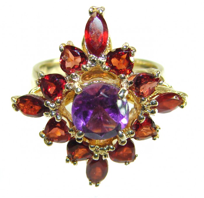 14.5 carat Amethyst 14K Gold over .925 Sterling Silver Handcrafted Huge Ring size 7 - Amethyst and garnet ring front view, gold over silver band