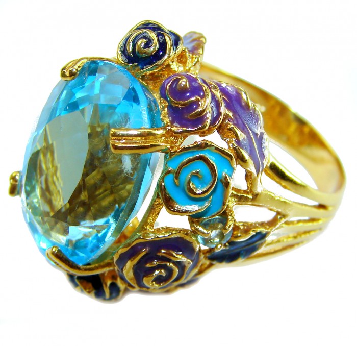 Blue Garden Natural 32.4 carat Swiss Blue Topaz .925 Sterling Silver dipped in 18K Gold handmade Large Statement Ring size 7 1/2 - Blue topaz ring with floral detail, side view, 32.4 carat, gold finish