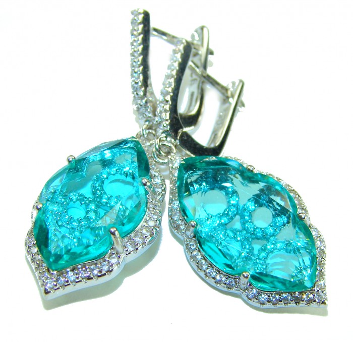 Eau Pure 10.5 carat AQUAMARINE .925 Sterling Silver Handcrafted Earrings - Close-up of aquamarine earrings with .925 sterling silver detailing.