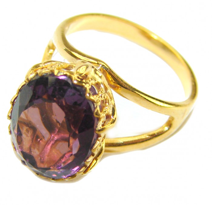 Purple Royalty 10.5 carat Amethyst .925 Sterling Silver dipped in 14K Rose Gold over Handcrafted Ring size 6 - Close-up of Purple Royalty Amethyst ring, gold-tone setting, side view.