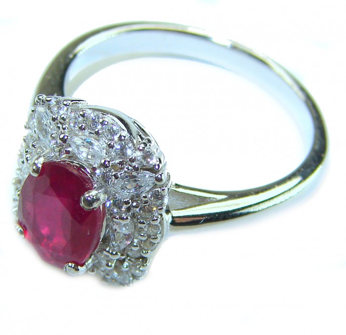 Spectacular Authentic 4.3 carat Ruby .925 Sterling Silver handmade Cocktail Ring s. 7 1/4 - Side view of 4.3 carat ruby ring in .925 sterling silver with diamond accents