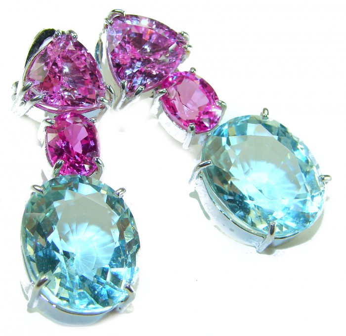 Outstanding Beauty authentic 25.2 carat Green Amethyst Pink Sapphire .925 Sterling Silver handcrafted earrings - Close-up of pink and green gemstones in silver settings