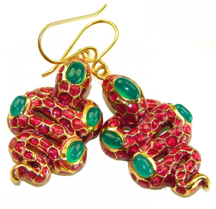 Red Cobra Snakes Genuine Enamel Ruby 24K Gold over .925 Sterling Silver handcrafted Earrings - Close-up of red cobra snake earrings with green stones and gold accents.