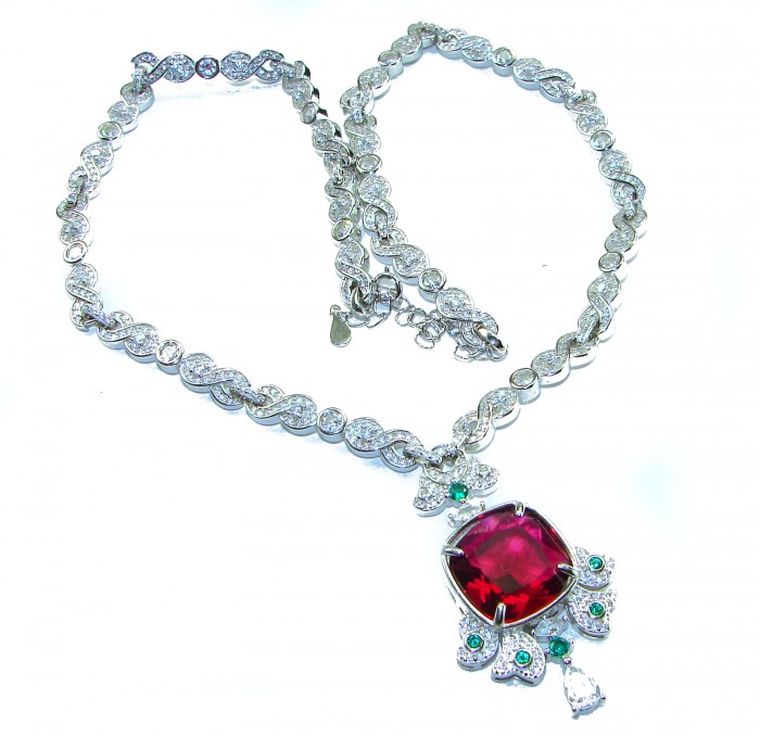 Art Deco - Luxurious natural 12.5 carat Ruby .925 Sterling Silver handmade Statement necklace - Luxurious ruby necklace, top view, detailed stones and pendant.