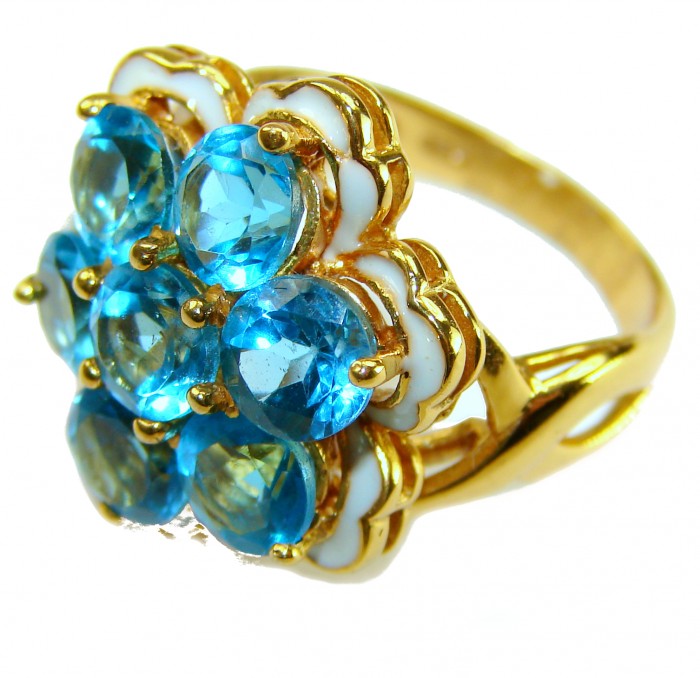 Forget-Me-Not Authentic 18.7 carat Swiss Blue Topaz white Enamel .925 Sterling Silver dipped in 22K Gold handcrafted Large ring size 7 3/4 - Side view of ring with Swiss blue topaz and gold setting.