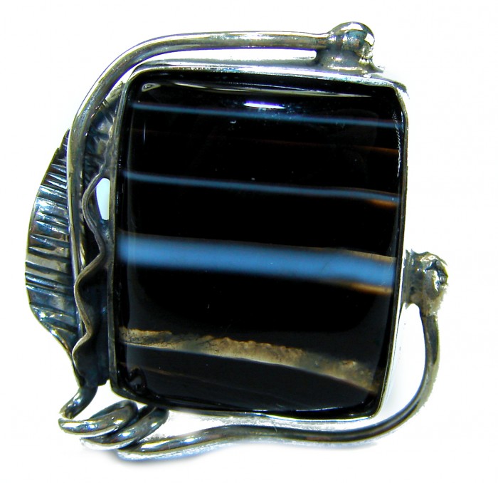 Roxanna - Huge 12.5 carat Black Onyx .925 Sterling Silver handcrafted ring; s. 8 - Close-up of Roxanna Black Onyx in sterling silver setting.