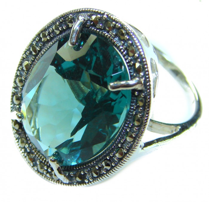 Massive Deep Blue 37.8 carat Aquamarine .925 Sterling Silver handcrafted Large ring size 7 - Close-up of massive deep blue aquamarine ring in sterling silver.