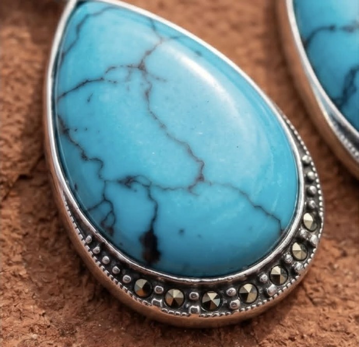 Gephard - Spectacular inkay Turquoise Marcasite .925 Sterling Silver handcrafted Earrings - Stone close-up of Gephard turquoise and marcasite sterling silver jewelry.