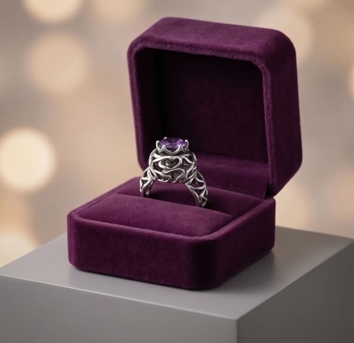 20.5 carat Amethyst .925 Sterling Silver Handcrafted Brutalist Ring size 8 1/2 - Amethyst ring in purple box, frontal view showing stone and intricate setting.