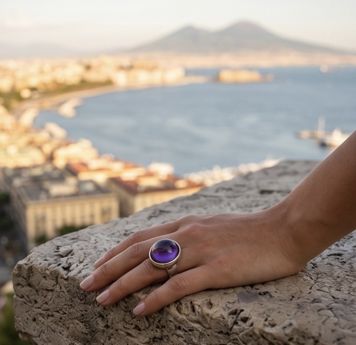 Top quality 22.5 carat Amethyst .925 Sterling Silver Handcrafted Large Ring size 7 - Amethyst ring worn on hand with scenic background.