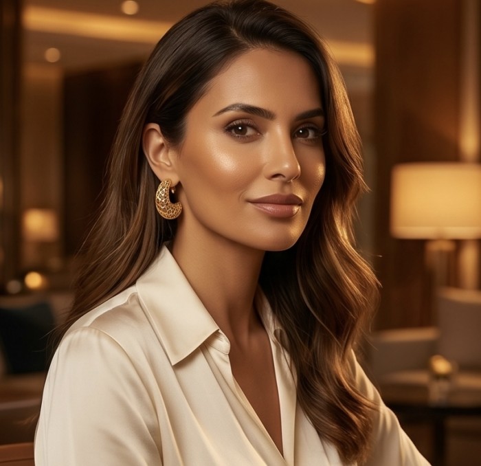 Dubai Style - .925 Sterling Silver dipped in 22K Gold handmade Earrings - Woman wearing Dubai Style gold hoop earrings in an elegant setting.