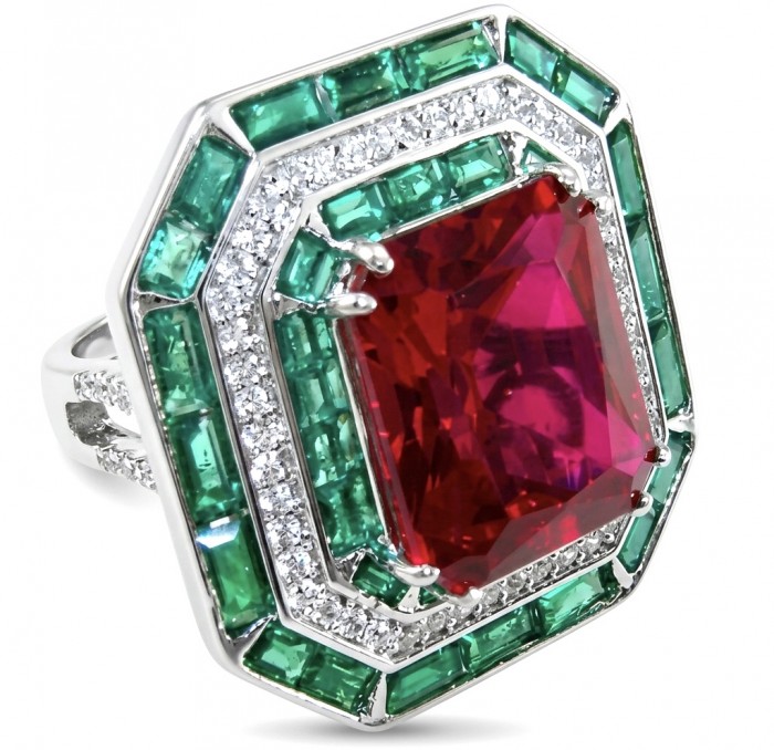 Art Deco 19.4 ctw Ruby Emerald .925 Sterling Silver handcrafted Large Statement Ring size 8 1/4 - Close-up of Art Deco ring with ruby, emerald, and sterling silver details.
