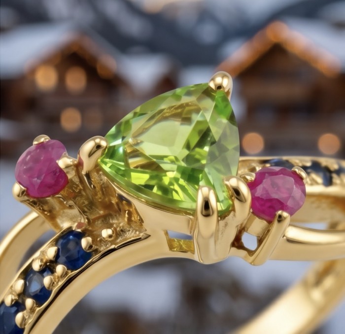 Stella 5.8 carat Swiss Blue Topaz .925 Sterling Silver dipped in 14K Gold handcrafted ring size 9 - Stone close-up of colorful gemstone ring with intricate gold setting.