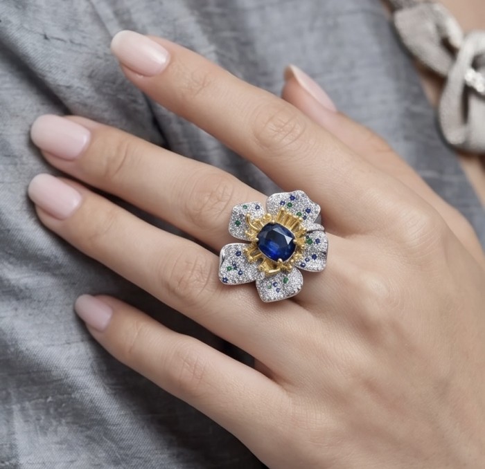 Luxurious exotic Flower 3.7 carat Sapphire Emerald 2 tones .925 Sterling Silver handcrafted Ring size 7 1/4 - Flower-shaped ring with sapphire, worn on hand, top view.