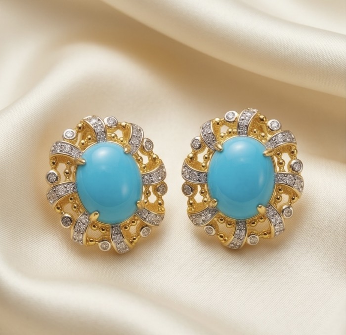 Sofia - authentic Sleeping Beauty Turquoise 22K Gold over .925 Sterling Silver handcrafted Earrings - Close-up of turquoise and gold earrings with diamond accents.