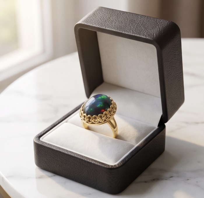 Milky way Genuine 18.2 carat Black Opal 18K Gold over .925 Sterling Silver handmade Ring size 6 - Black Opal ring in box, gold setting, top view on marble surface.