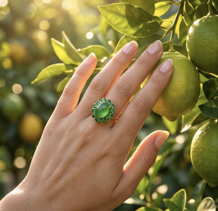 Rare! Fiammetta oval cut 18.2 carat Green Tourmaline Tsavorite Garnet .925 Sterling Silver dipped in 22k Gold entirely handmade Ring size 7 - Close-up of Fiammetta green tourmaline ring worn on hand outdoors.