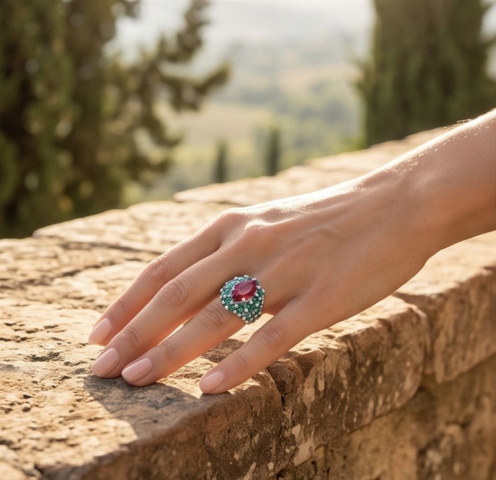 Giovanna 28.6 carat Ruby Emerald .925 Sterling Silver dipped rhodium handmade Huge Statement Ring size 7 - Ruby and emerald ring worn on hand against stone background.